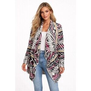 Lucky Brand Open Front S Intarsia Shawl Cotton Heavy Knit Cardigan Boho  Aztec